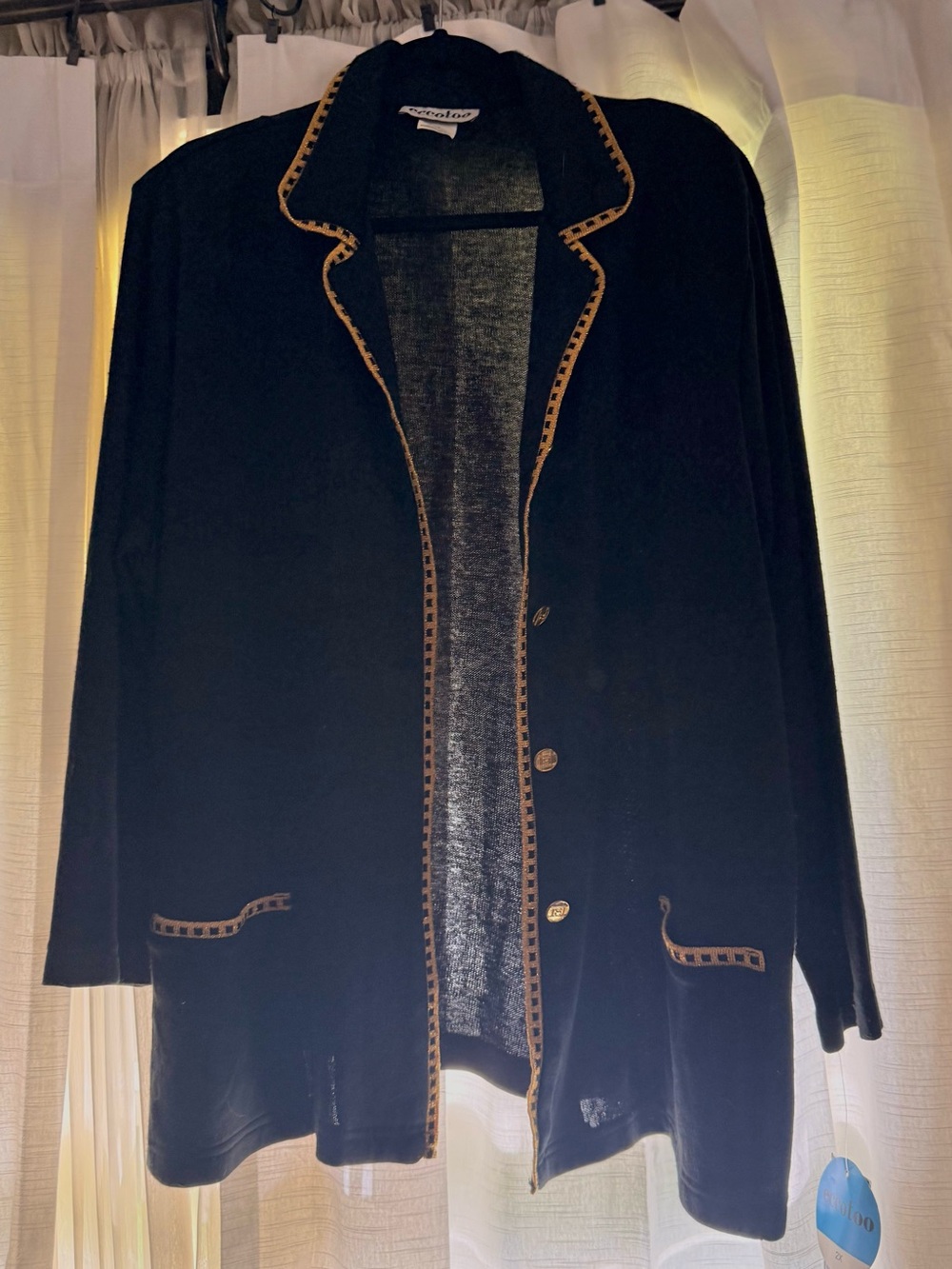 eccotoo Black Cardigan with Tan Trim Detail